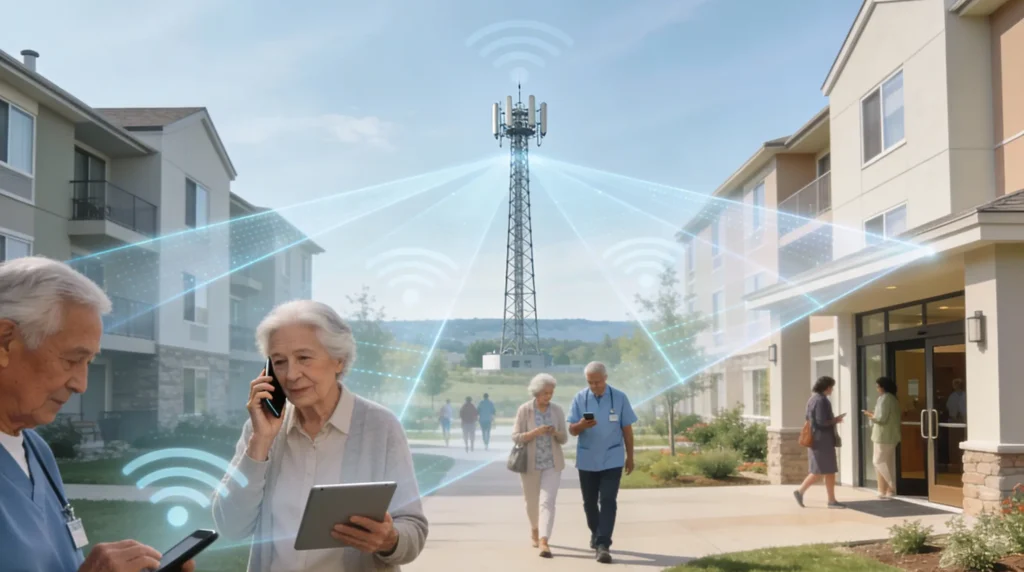 Residents and staff using mobile devices in a senior living community with enhanced cellular coverage supported by a nearby cell tower