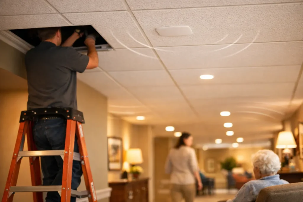 Discreet ceiling-mounted cellular antennas integrated into a senior living community to support reliable mobile coverage