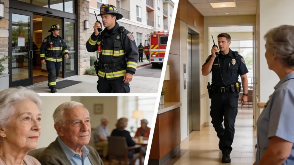 First responders using radios inside a senior living facility with dependable in-building ERCES (Emergency Responder Communication Enhancement Systems)