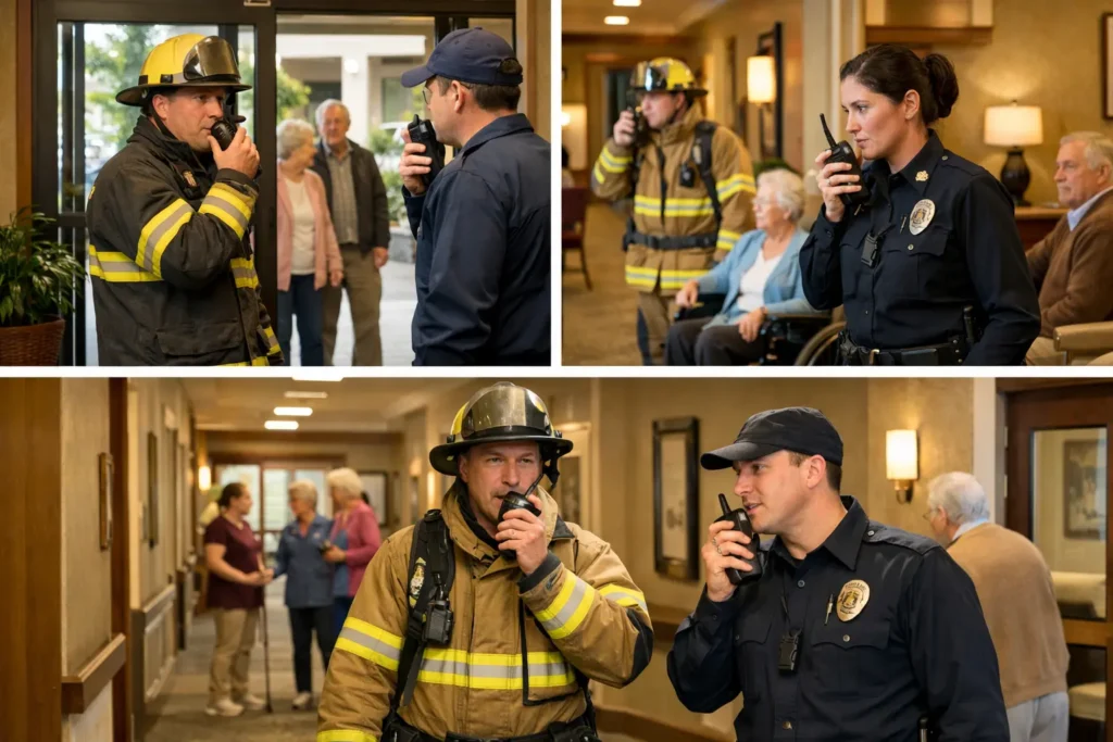 First responders coordinating inside a senior living community supported by reliable in-building emergency communication