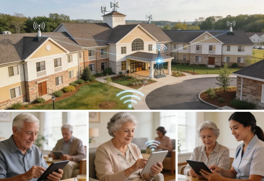 Collage illustrating fixed wireless connectivity supporting residents, staff, and systems across a senior living campus