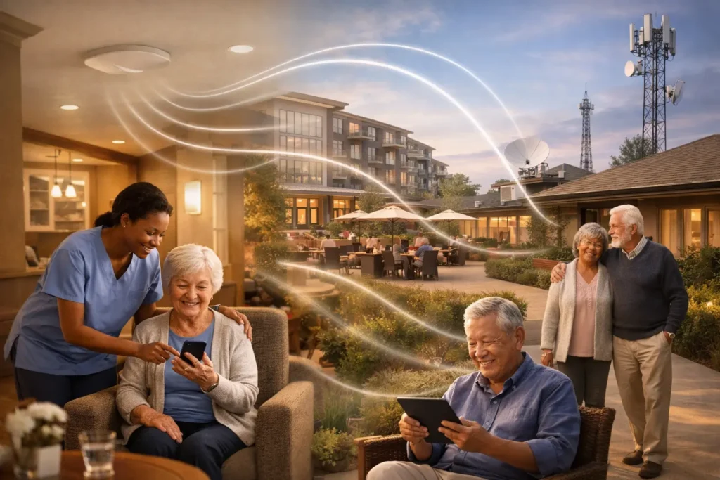 Senior living community with residents and staff using digital devices across a connected campus, illustrating modern telecommunications infrastructure supporting daily life.